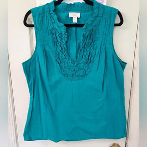 Ann Taylor LOFT Teal Ruffle Neckline Sleeveless Blouse in Size XL